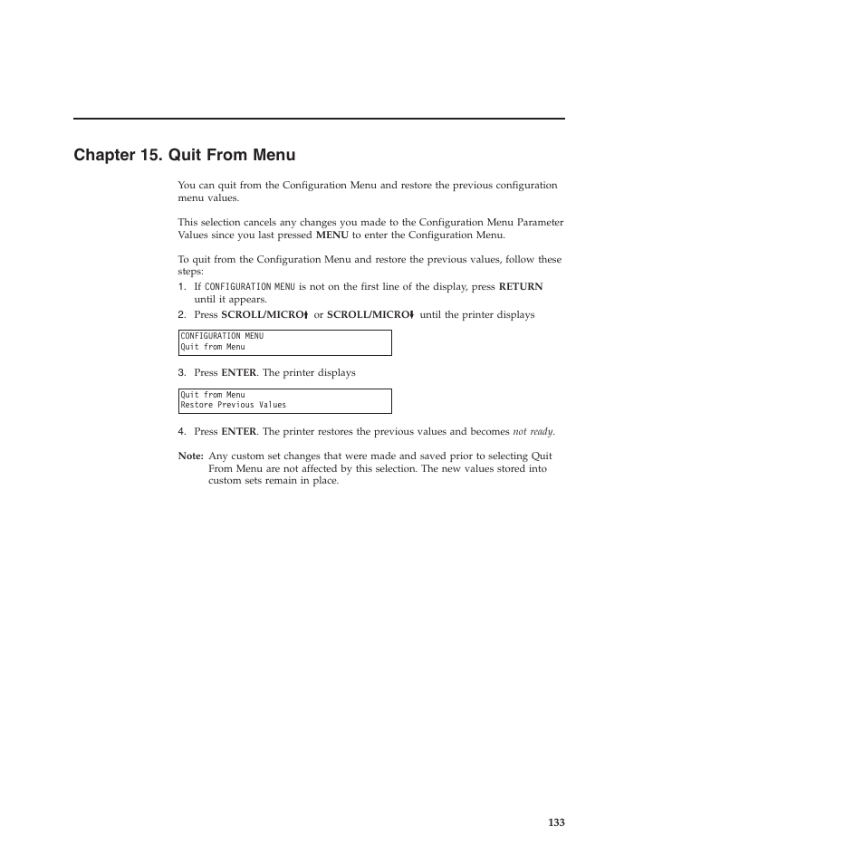Chapter 15. quit from menu, Chapter 15, “quit from menu | Compuprint 4247-X03 User Manual | Page 149 / 200