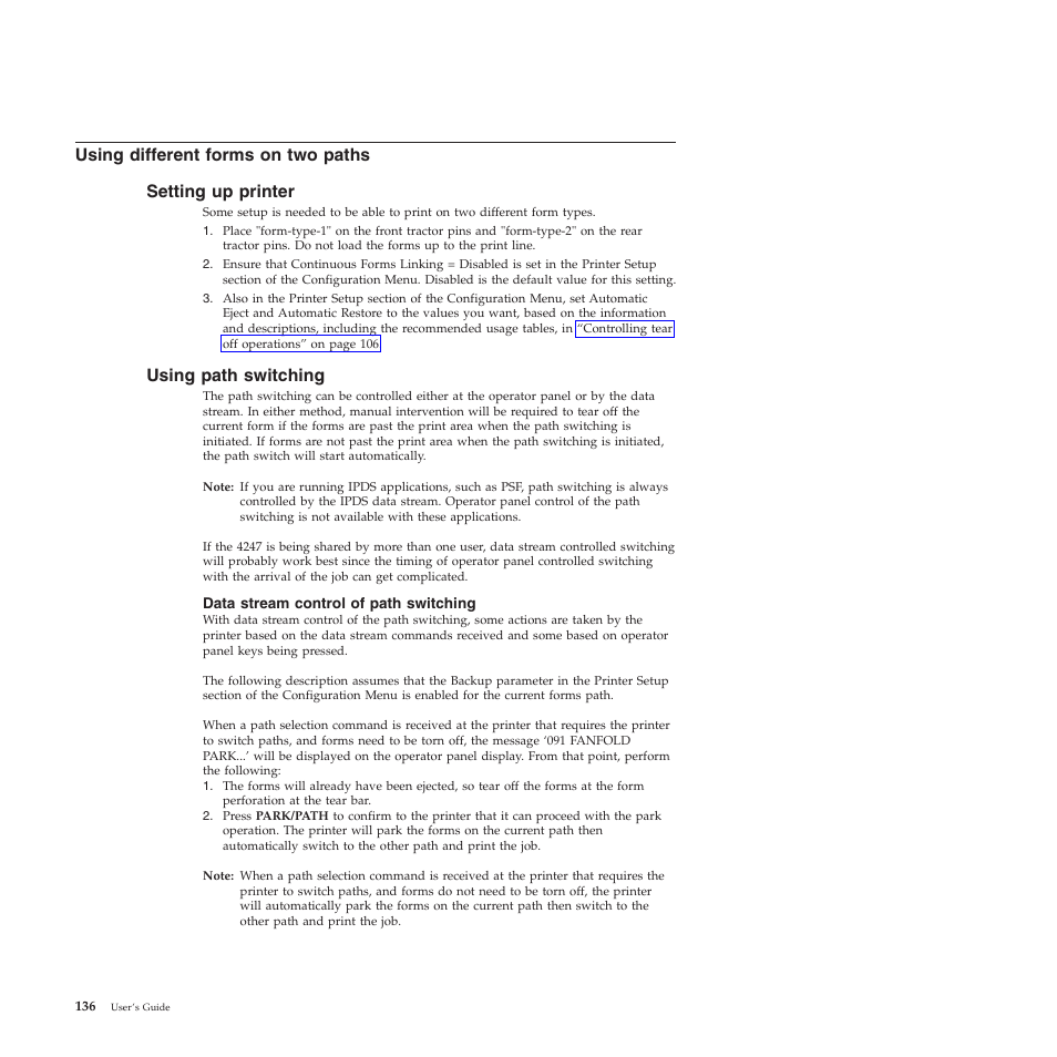Using different forms on two paths, Setting up printer, Using path switching | Data stream control of path switching | Compuprint 4247-X03 User Manual | Page 152 / 200