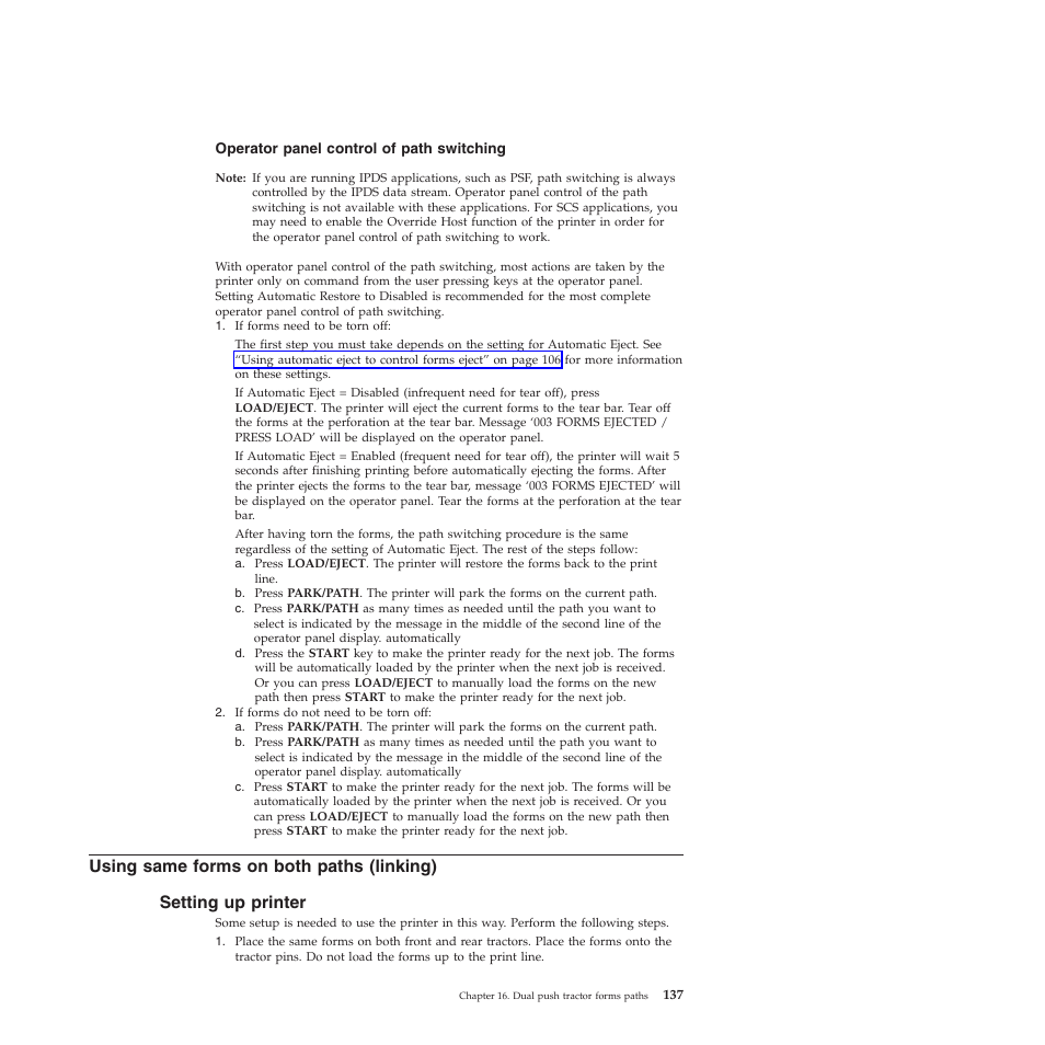 Operator panel control of path switching, Using same forms on both paths (linking), Setting up printer | Compuprint 4247-X03 User Manual | Page 153 / 200