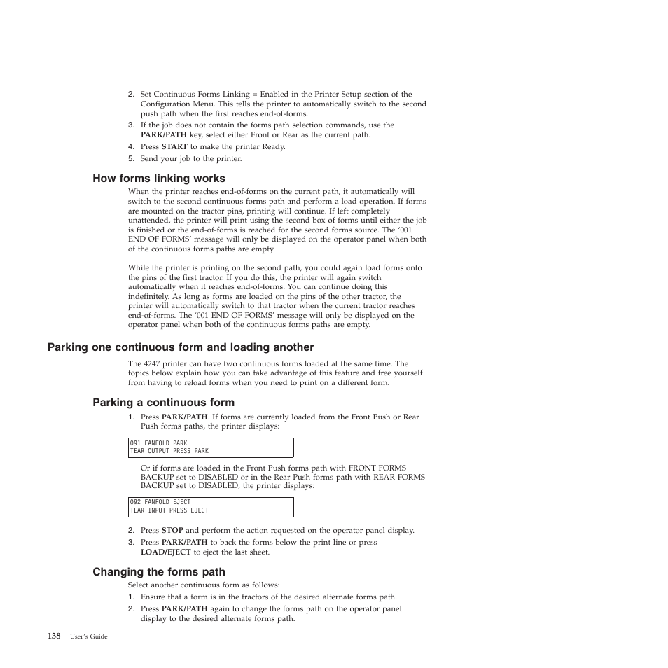 How forms linking works, Parking one continuous form and loading another, Parking a continuous form | Changing the forms path | Compuprint 4247-X03 User Manual | Page 154 / 200