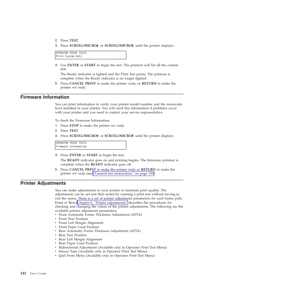 Firmware information, Printer adjustments | Compuprint 4247-X03 User Manual | Page 158 / 200