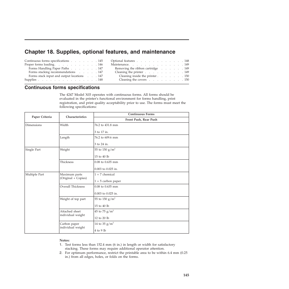 Continuous forms specifications | Compuprint 4247-X03 User Manual | Page 161 / 200