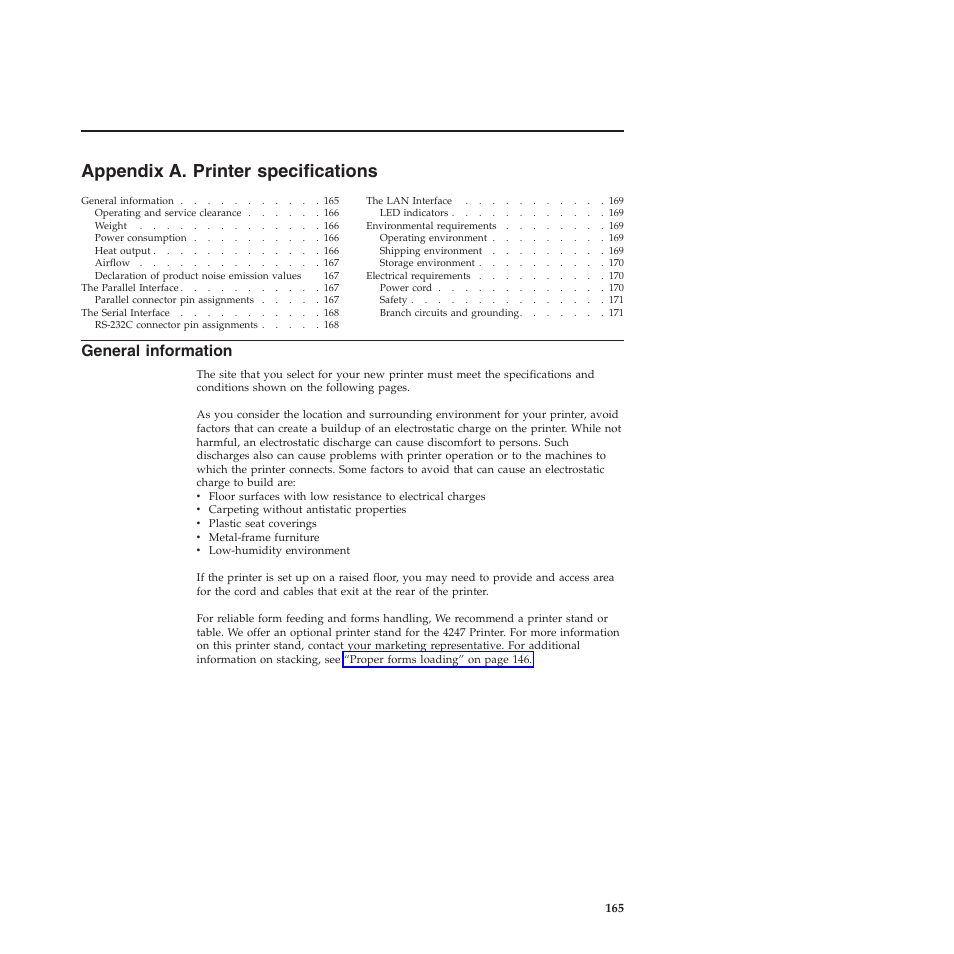 Appendix a. printer specifications, General information, Appendix a, “printer specifications | Compuprint 4247-X03 User Manual | Page 181 / 200