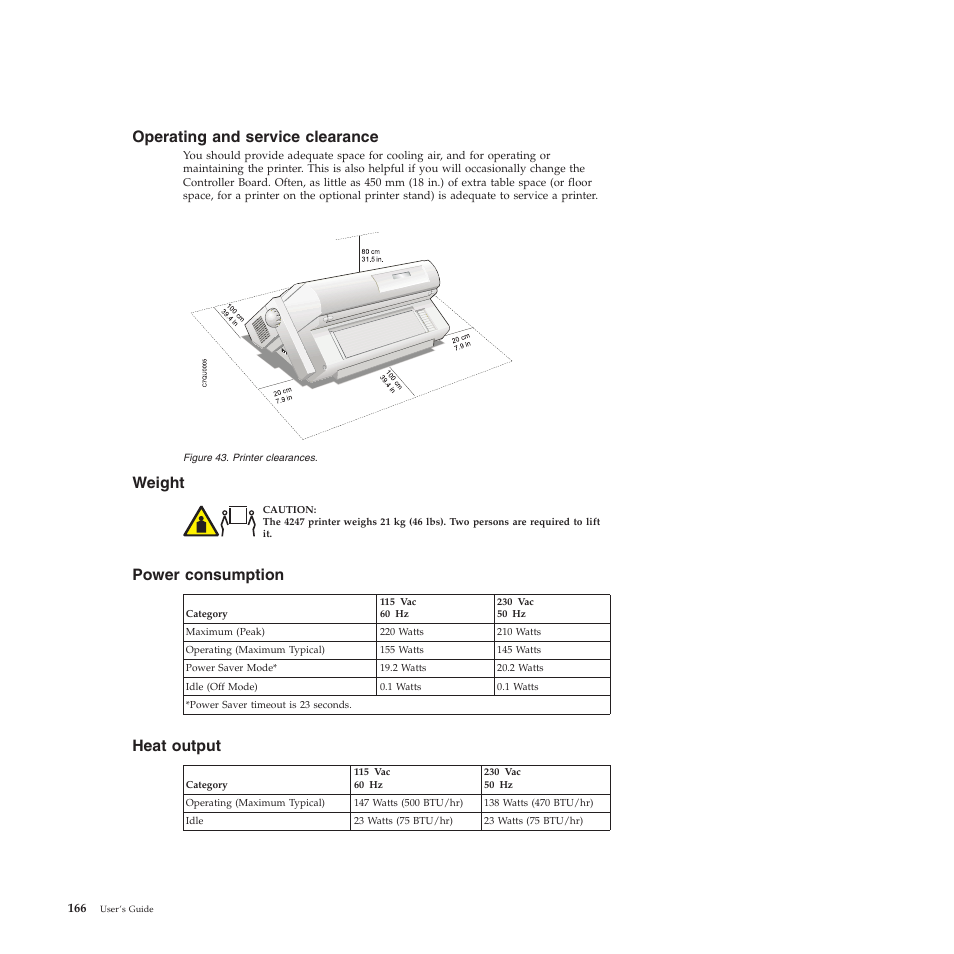 Operating and service clearance, Weight, Power consumption | Heat output, Printer clearances | Compuprint 4247-X03 User Manual | Page 182 / 200