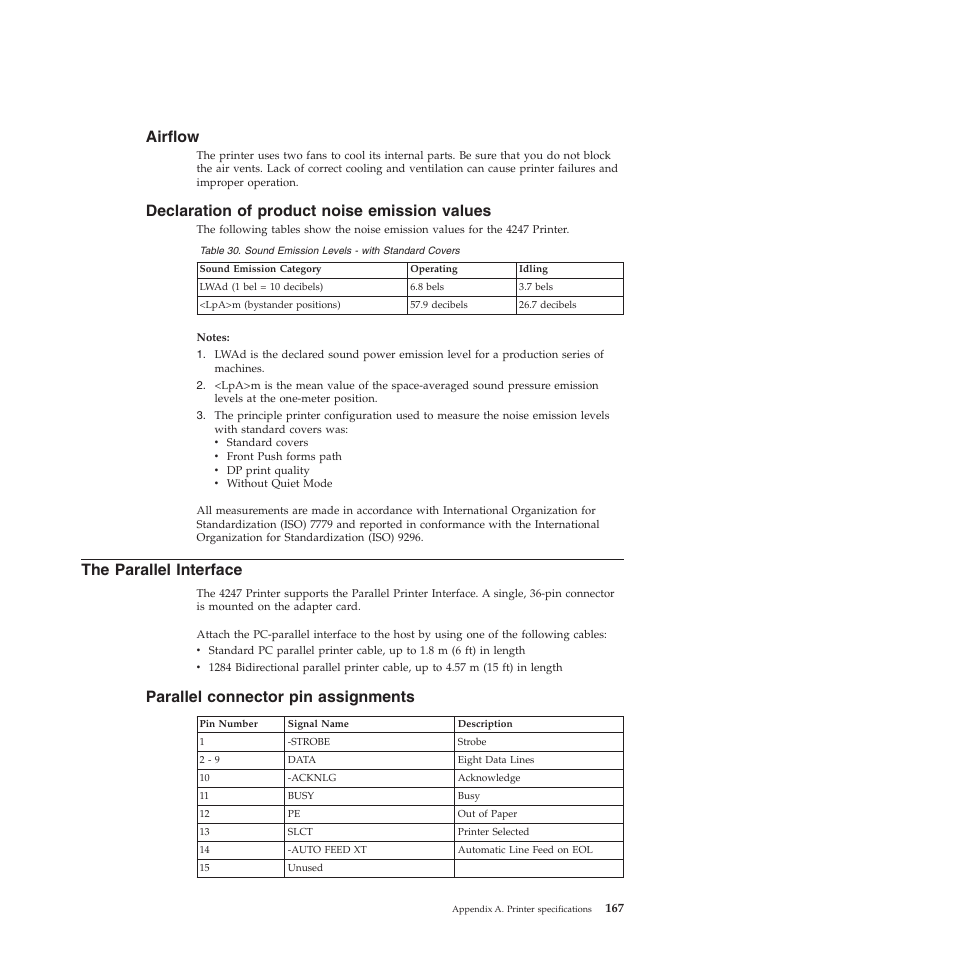 Airflow, Declaration of product noise emission values, The parallel interface | Parallel connector pin assignments, Sound emission levels - with standard covers | Compuprint 4247-X03 User Manual | Page 183 / 200