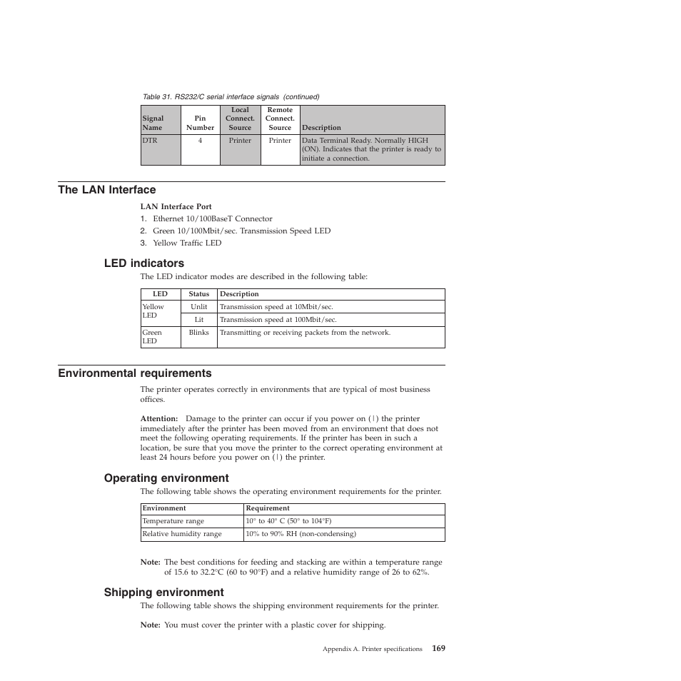 The lan interface, Led indicators, Environmental requirements | Operating environment, Shipping environment | Compuprint 4247-X03 User Manual | Page 185 / 200