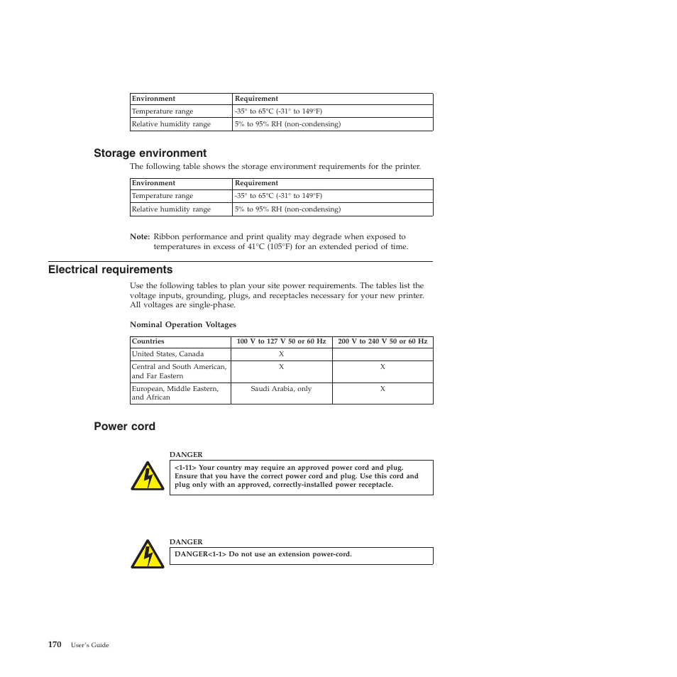 Storage environment, Electrical requirements, Power cord | Compuprint 4247-X03 User Manual | Page 186 / 200