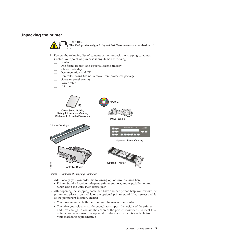 Unpacking the printer, Contents of shipping container | Compuprint 4247-X03 User Manual | Page 19 / 200