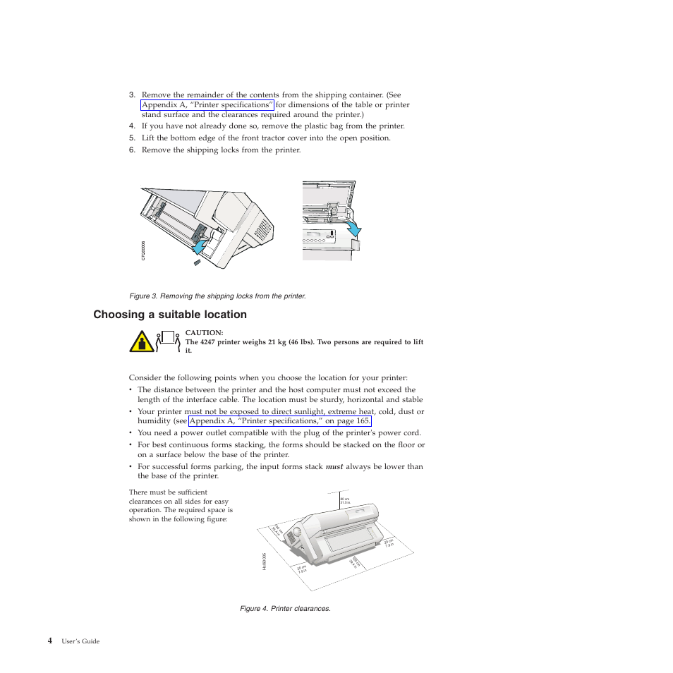 Choosing a suitable location, Removing the shipping locks from the printer, Printer clearances | Compuprint 4247-X03 User Manual | Page 20 / 200