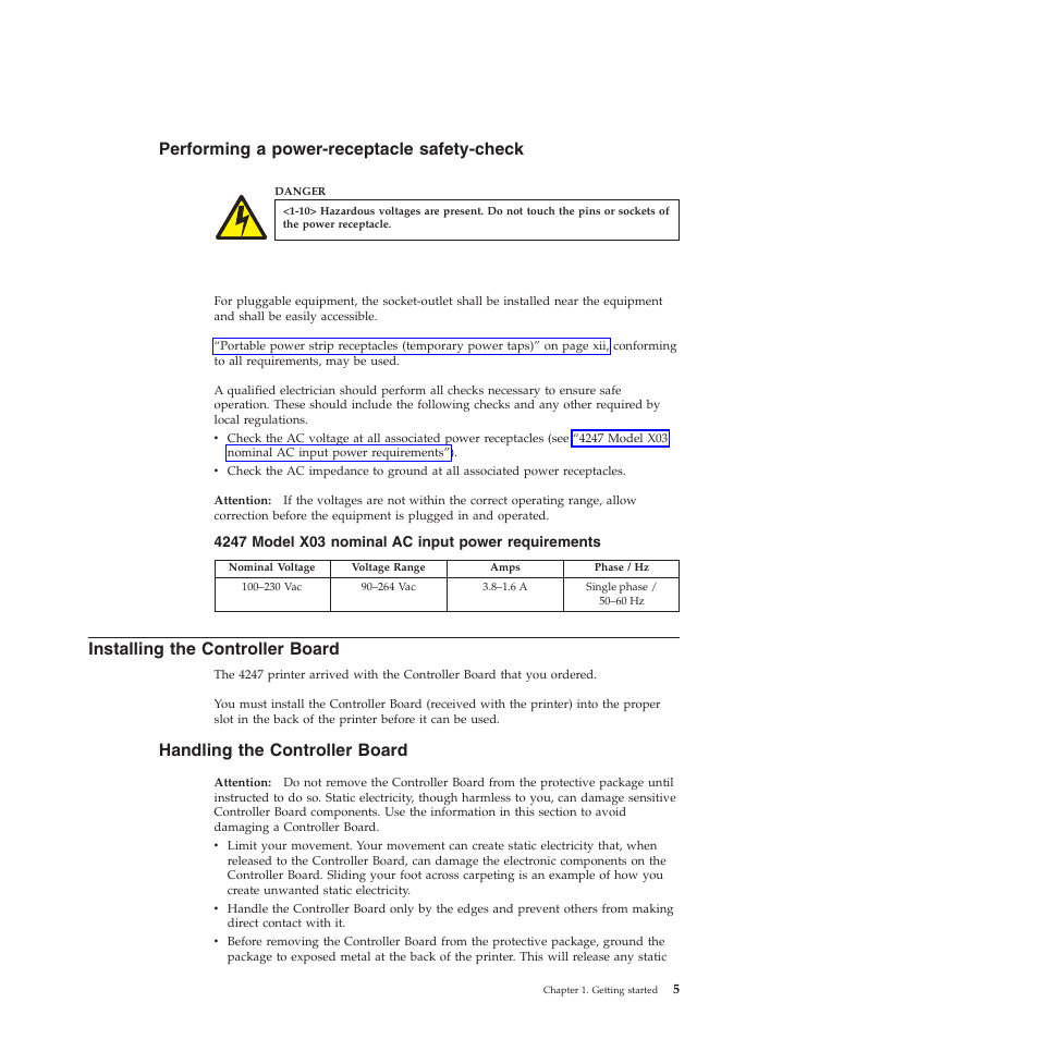 Performing a power-receptacle safety-check, 4247 model x03 nominal ac input power requirements, Installing the controller board | Handling the controller board | Compuprint 4247-X03 User Manual | Page 21 / 200