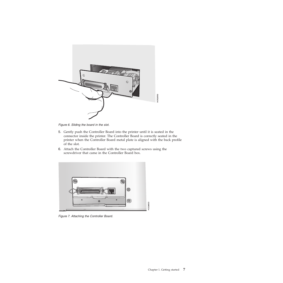Sliding the board in the slot, Attaching the controller board | Compuprint 4247-X03 User Manual | Page 23 / 200