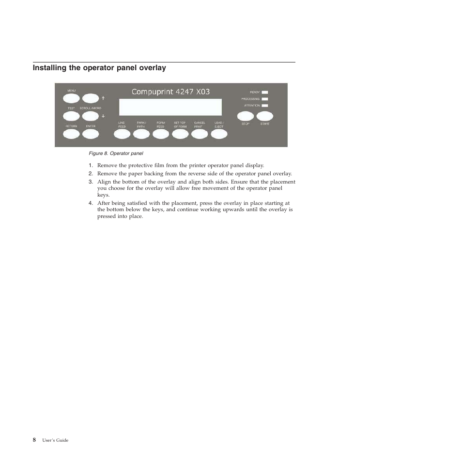 Installing the operator panel overlay, Operator panel | Compuprint 4247-X03 User Manual | Page 24 / 200