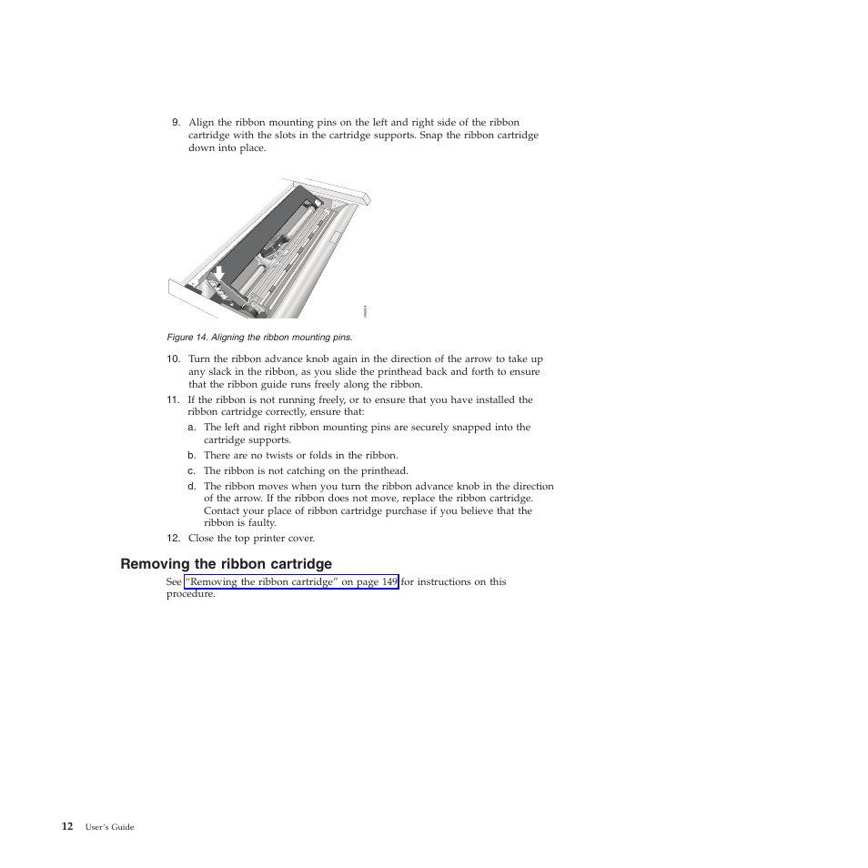Removing the ribbon cartridge, Aligning the ribbon mounting pins | Compuprint 4247-X03 User Manual | Page 28 / 200