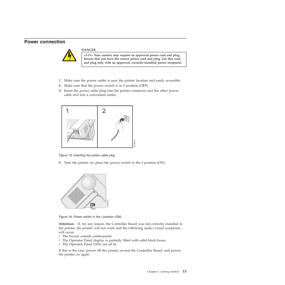 Power connection, Inserting the power cable plug, Power switch in the i position (on) | Compuprint 4247-X03 User Manual | Page 29 / 200