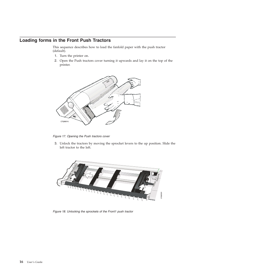 Loading forms in the front push tractors, Opening the push tractors cover, Unlocking the sprockets of the front1 push tractor | Compuprint 4247-X03 User Manual | Page 32 / 200