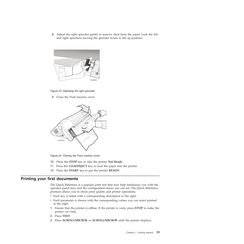 Printing your first documents, Adjusting the right sprocket, Closing the push tractors cover | Compuprint 4247-X03 User Manual | Page 35 / 200