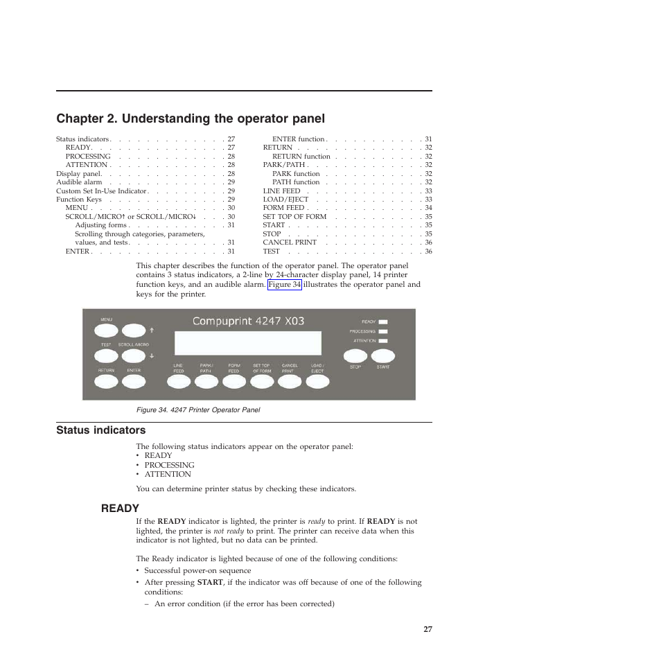 Chapter 2. understanding the operator panel, Status indicators, Ready | 4247 printer operator panel, Chapter 2, “understanding the operator panel | Compuprint 4247-X03 User Manual | Page 43 / 200