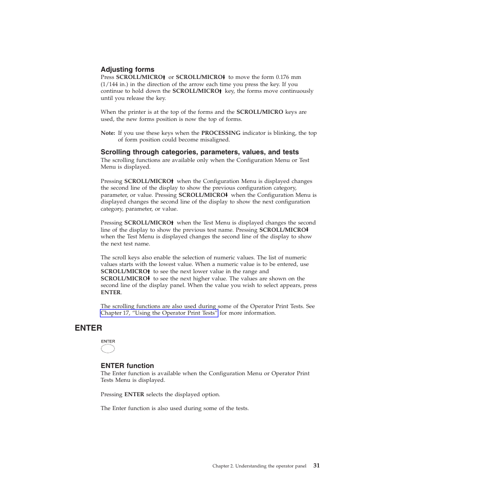 Adjusting forms, Enter, Enter function | Compuprint 4247-X03 User Manual | Page 47 / 200