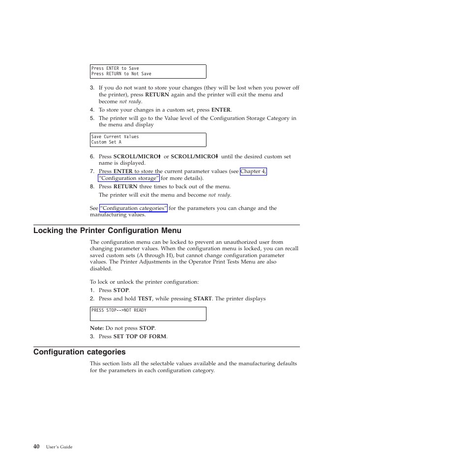 Locking the printer configuration menu, Configuration categories | Compuprint 4247-X03 User Manual | Page 56 / 200