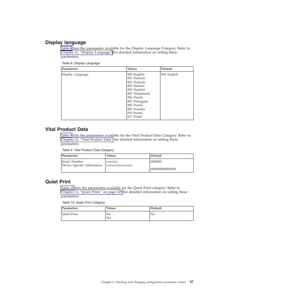 Display language, Vital product data, Quiet print | Vital product data category, Quiet print category | Compuprint 4247-X03 User Manual | Page 63 / 200