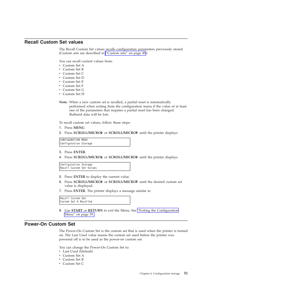 Recall custom set values, Power-on custom set | Compuprint 4247-X03 User Manual | Page 67 / 200