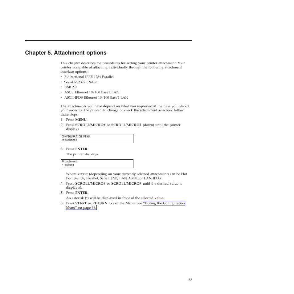 Chapter 5. attachment options, Chapter 5, “attachment options | Compuprint 4247-X03 User Manual | Page 71 / 200