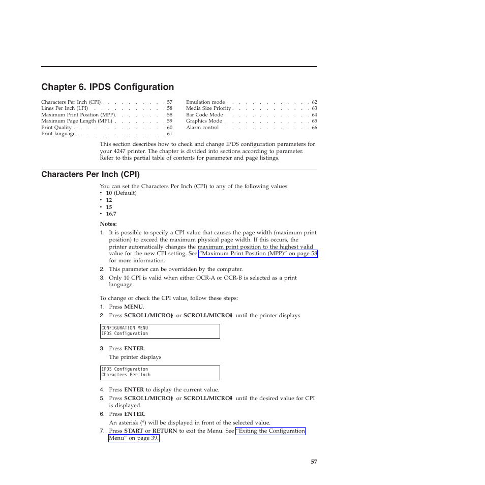 Chapter 6. ipds configuration, Characters per inch (cpi), Chapter 6, “ipds configuration | Compuprint 4247-X03 User Manual | Page 73 / 200