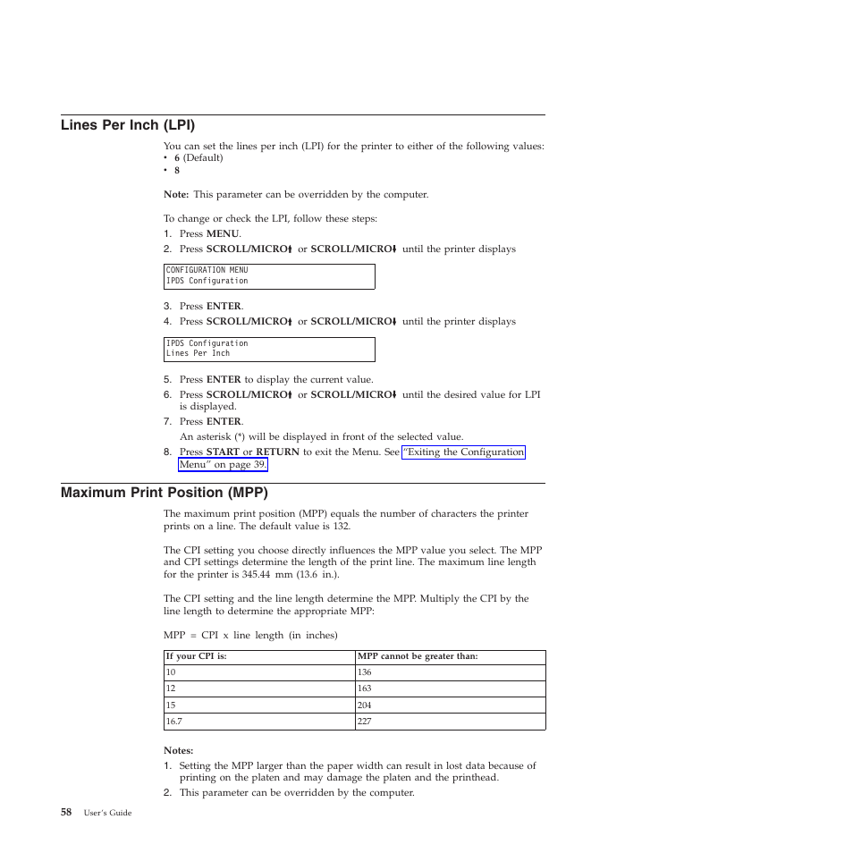 Lines per inch (lpi), Maximum print position (mpp) | Compuprint 4247-X03 User Manual | Page 74 / 200