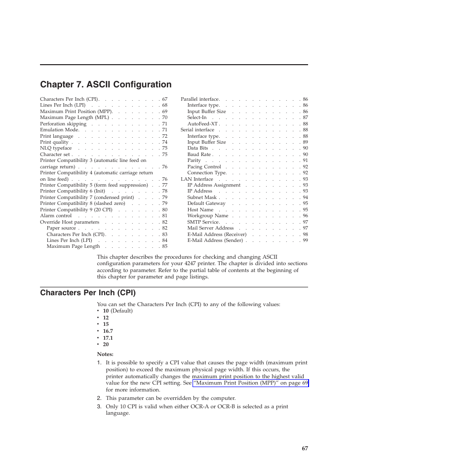 Chapter 7. ascii configuration, Characters per inch (cpi), Chapter 7, “ascii configuration | Compuprint 4247-X03 User Manual | Page 83 / 200