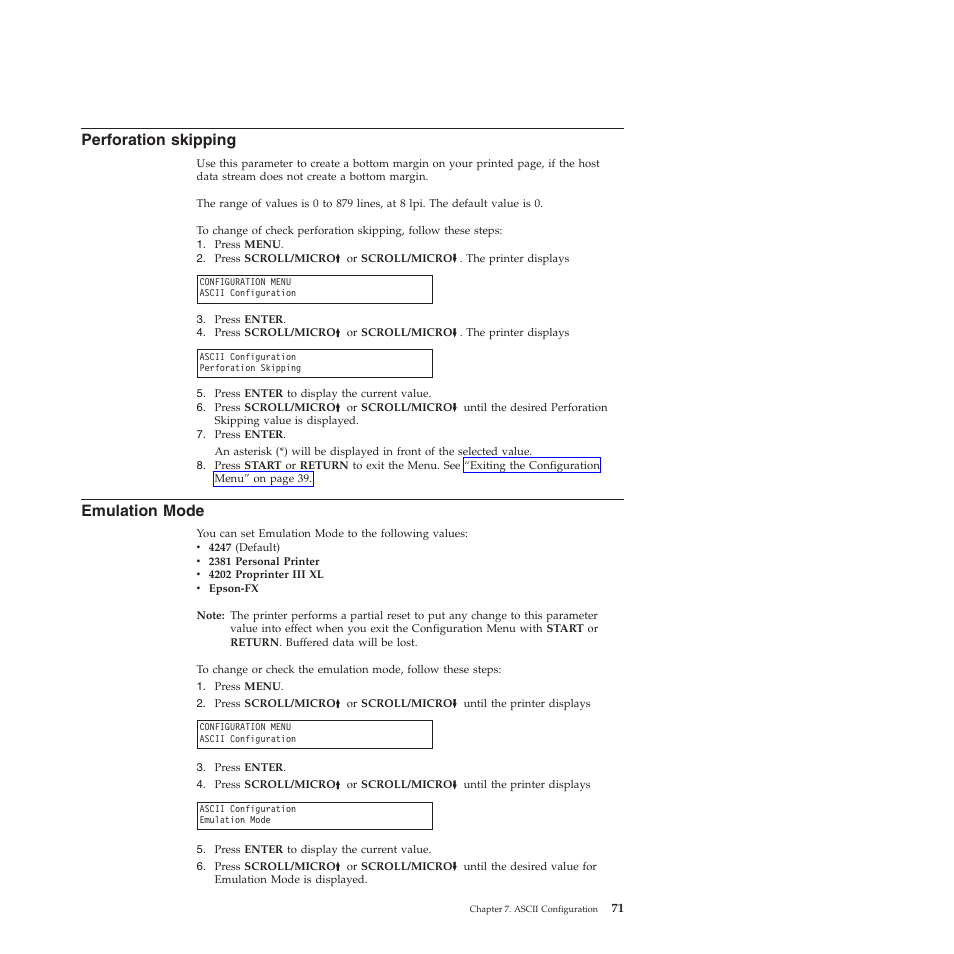 Perforation skipping, Emulation mode | Compuprint 4247-X03 User Manual | Page 87 / 200