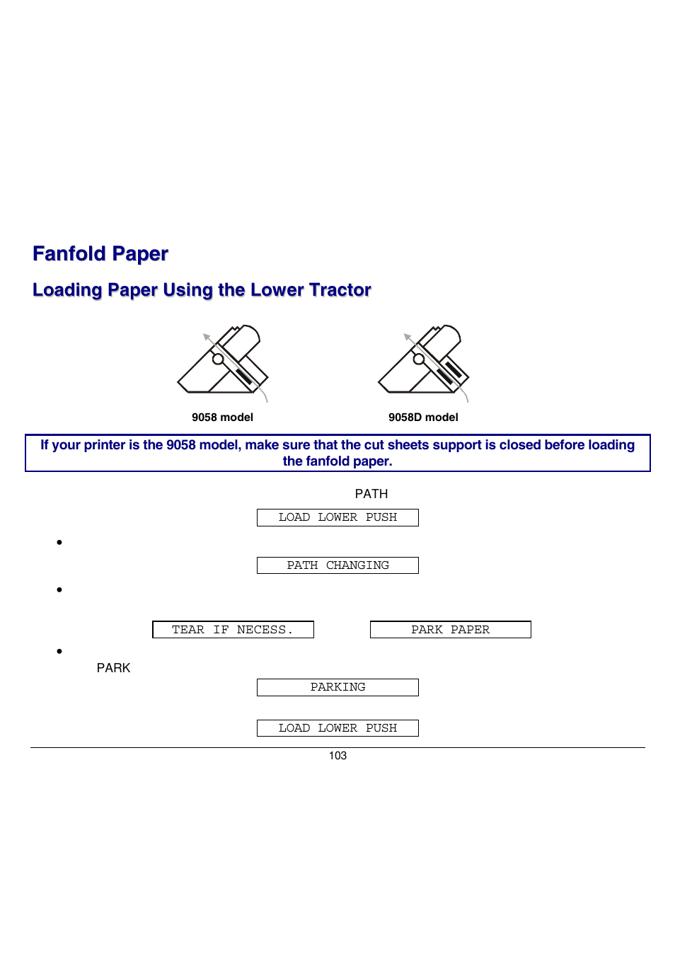 Fanfold paper, Loading paper using the lower tractor | Compuprint 9058 User Manual | Page 109 / 145