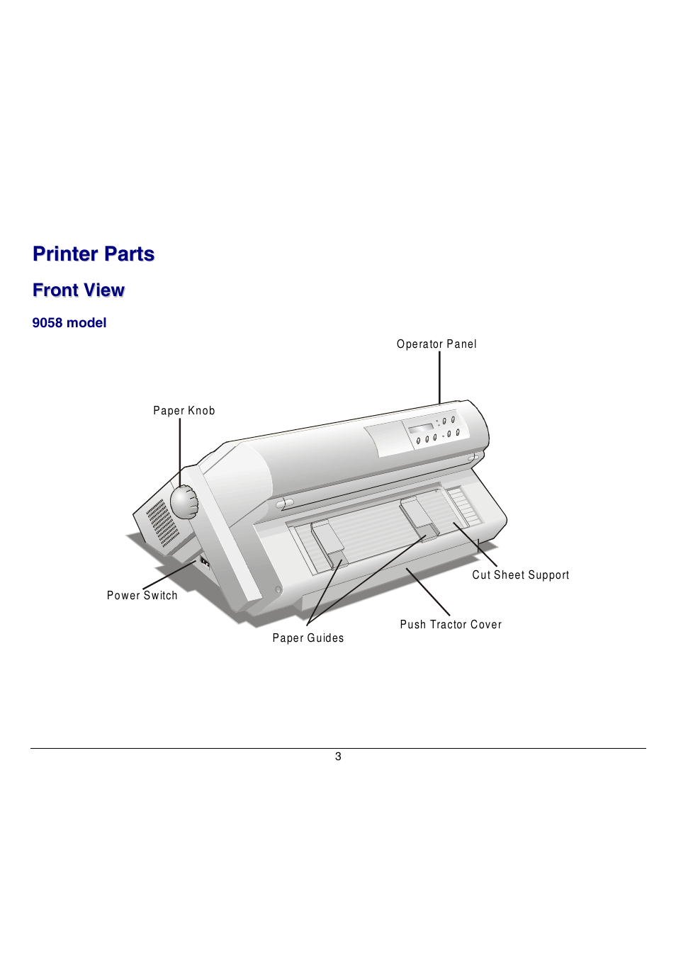 Printer parts, Front view | Compuprint 9058 User Manual | Page 9 / 145