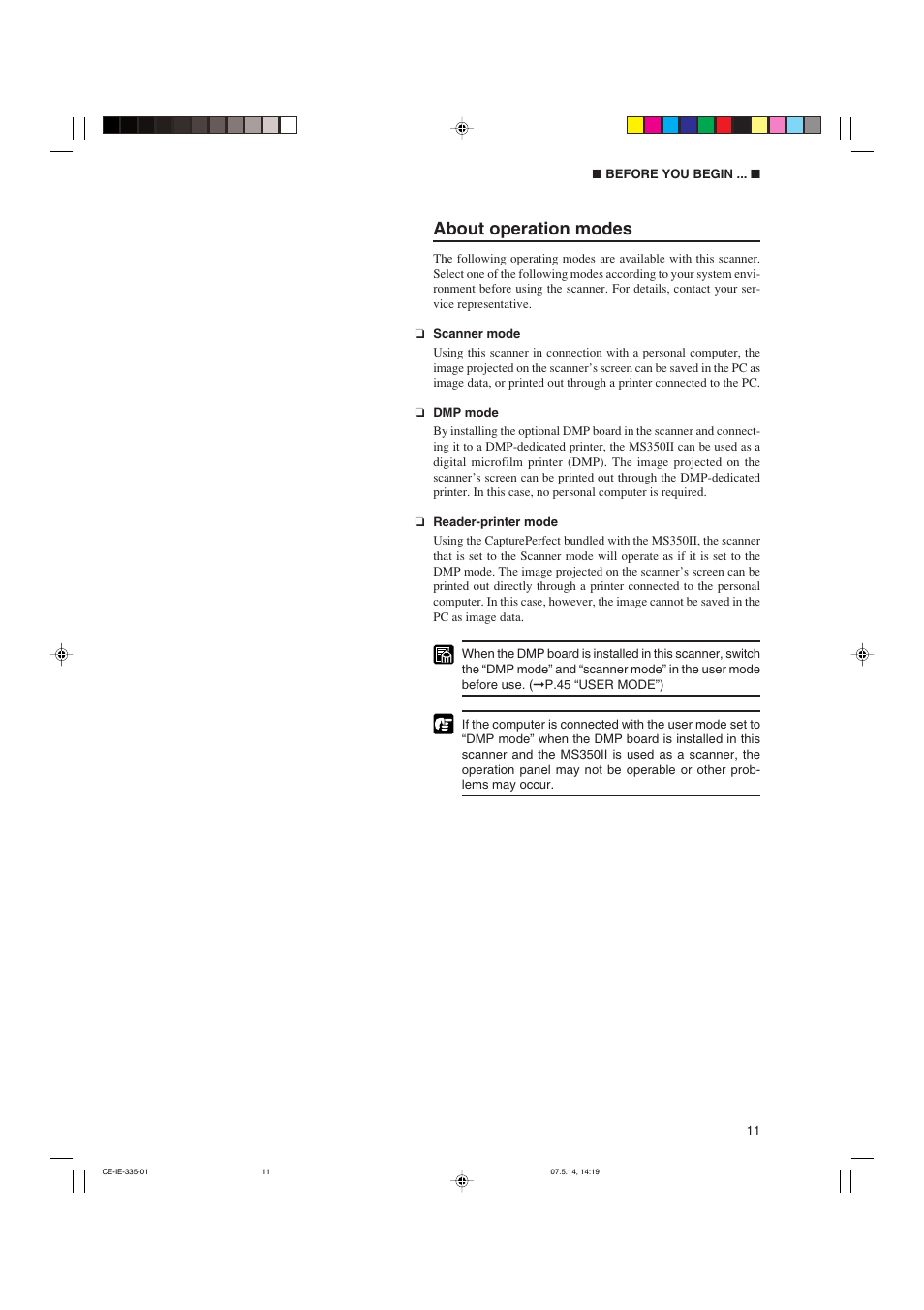 About operation modes | Canon 350II User Manual | Page 13 / 62