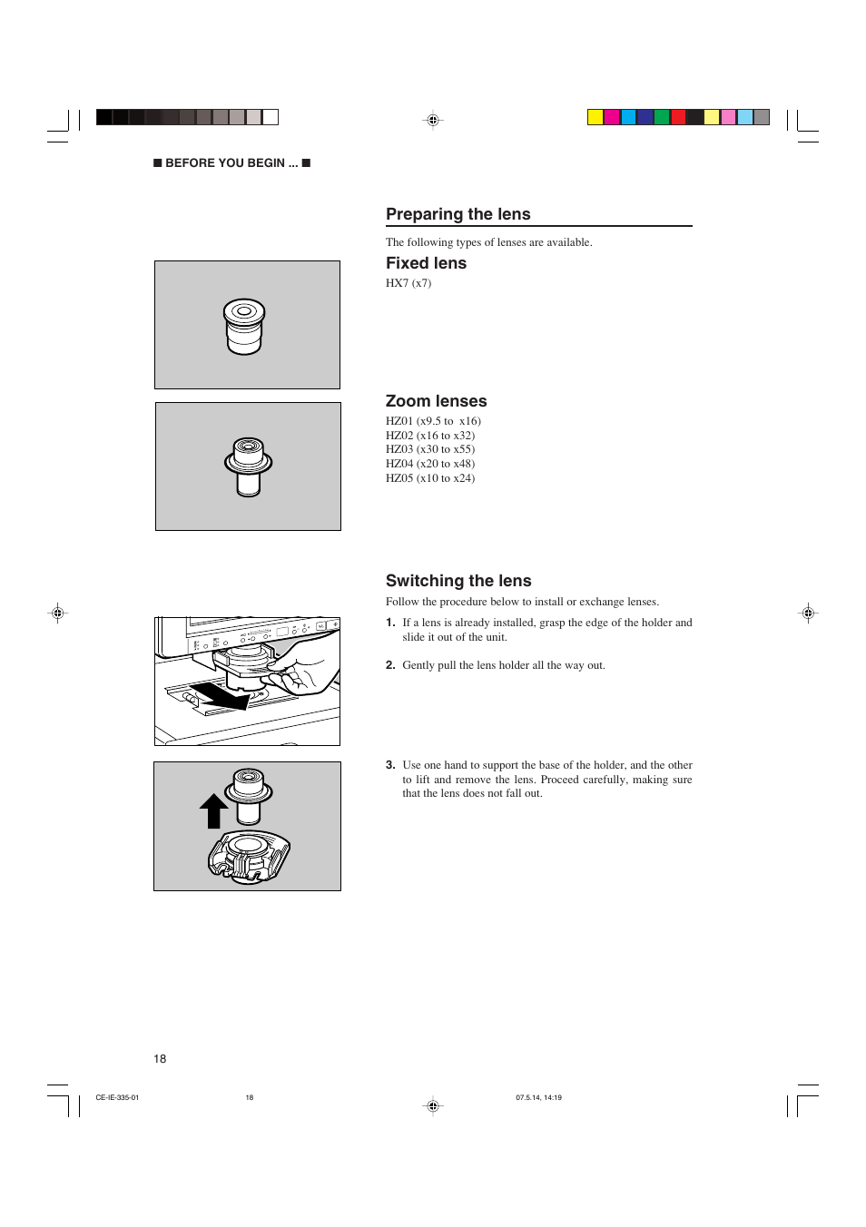 Preparing the lens, Fixed lens, Zoom lenses | Switching the lens | Canon 350II User Manual | Page 20 / 62