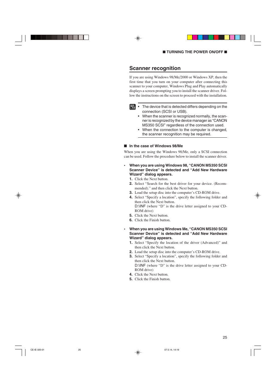 Scanner recognition | Canon 350II User Manual | Page 27 / 62