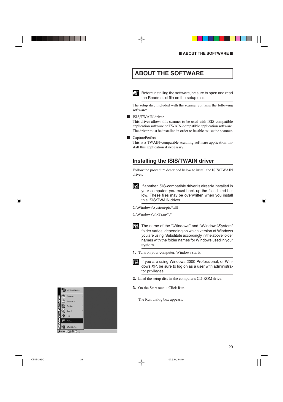 About the software, Installing the isis/twain driver | Canon 350II User Manual | Page 31 / 62