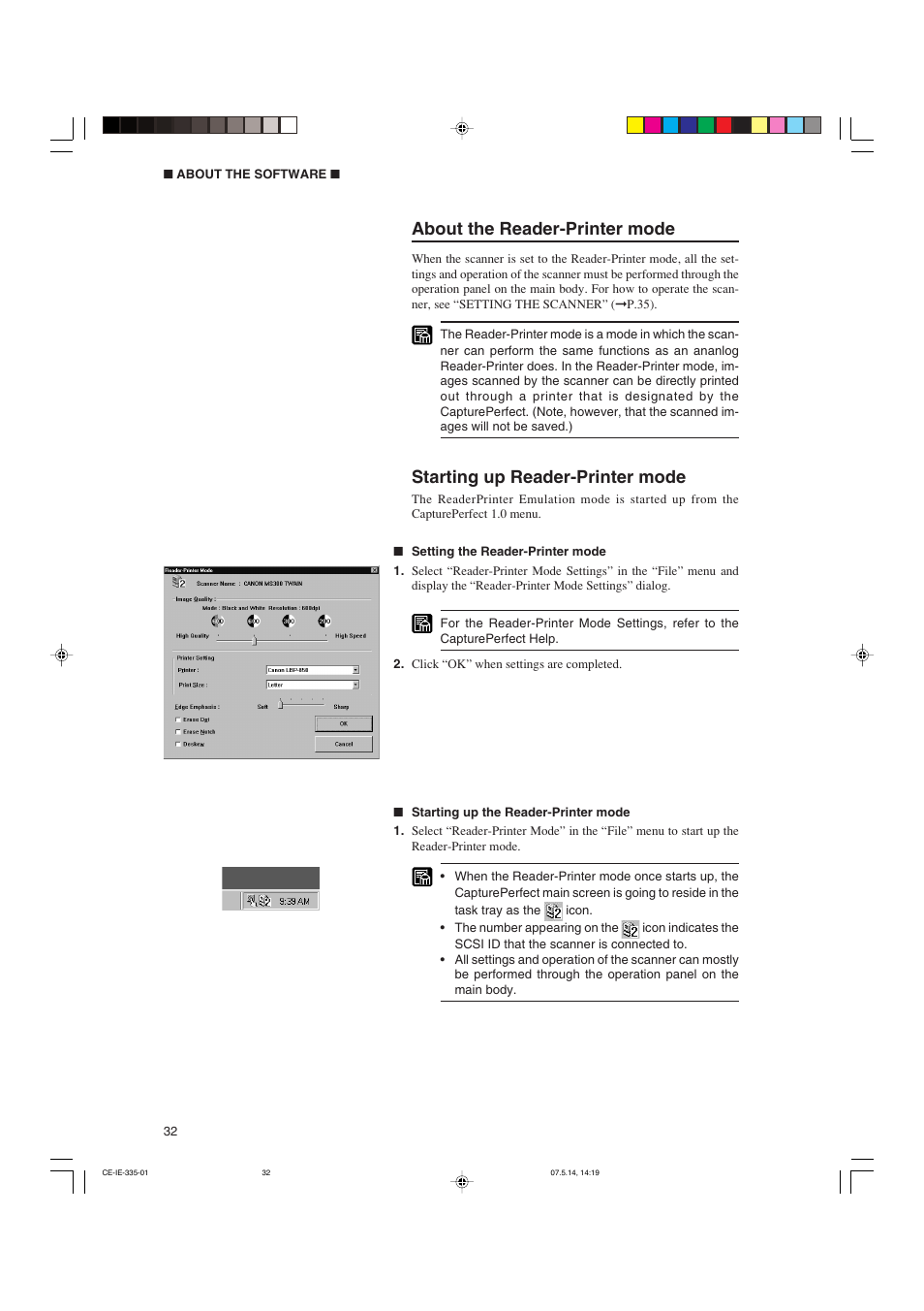 About the reader-printer mode, Starting up reader-printer mode | Canon 350II User Manual | Page 34 / 62