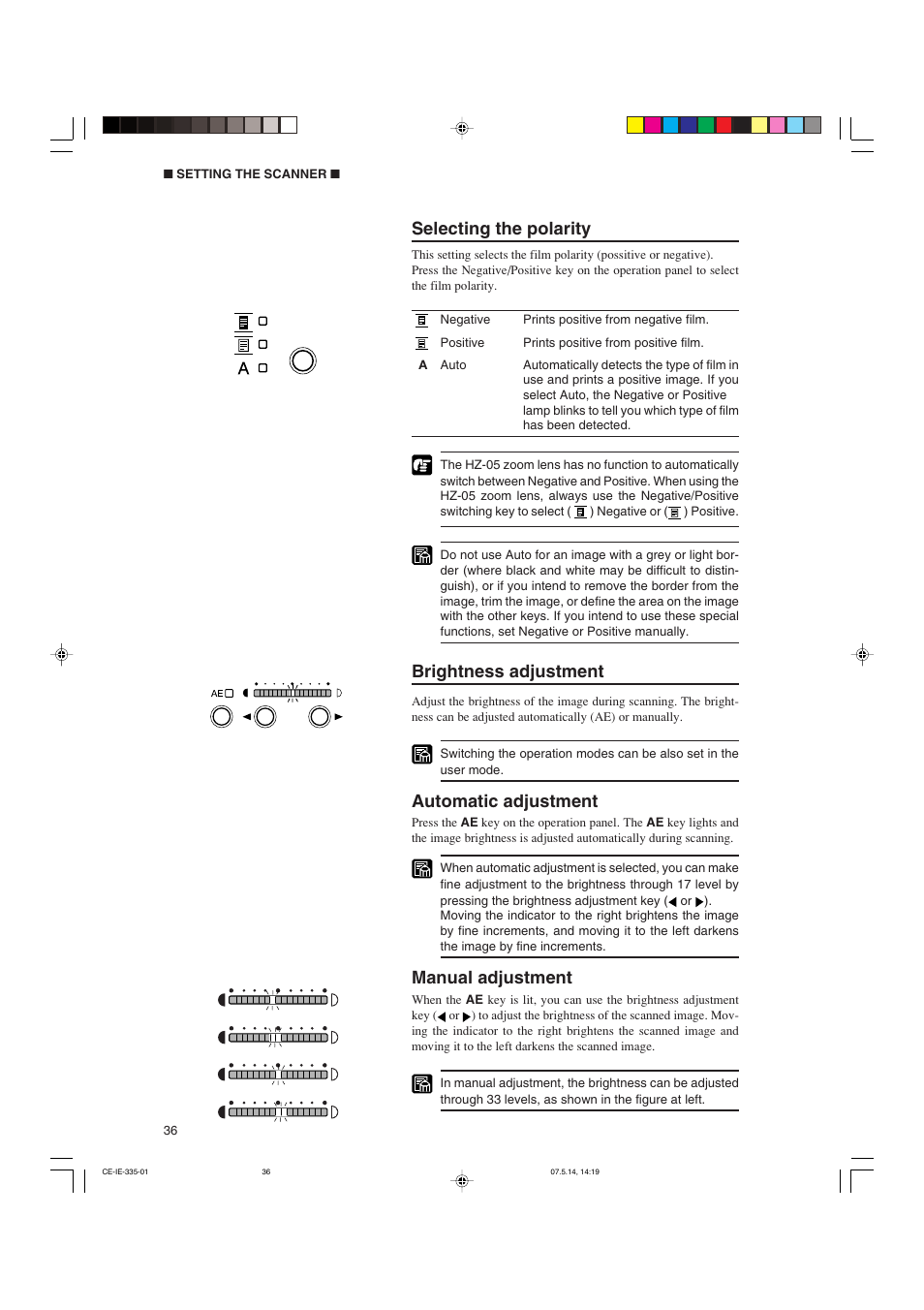 Selecting the polarity, Brightness adjustment, Automatic adjustment | Manual adjustment | Canon 350II User Manual | Page 38 / 62