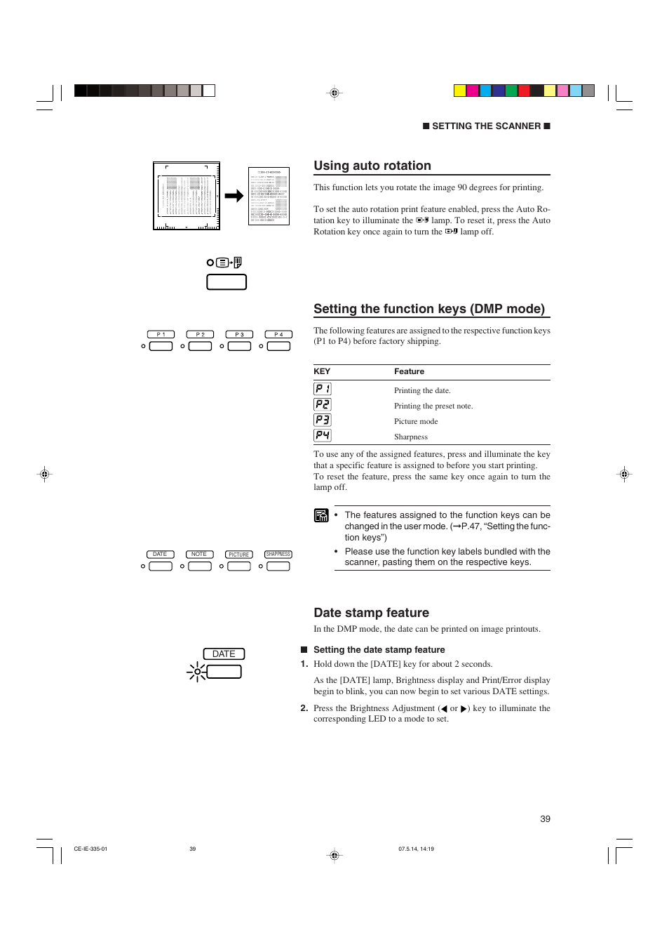 Using auto rotation, Setting the function keys (dmp mode), Date stamp feature | Canon 350II User Manual | Page 41 / 62