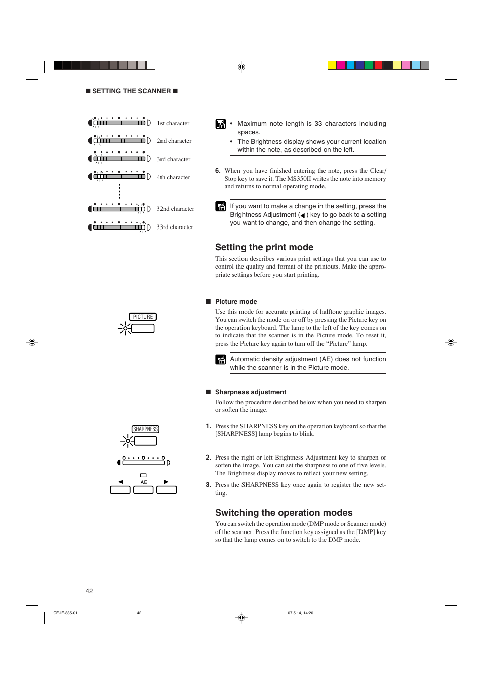 Setting the print mode, Switching the operation modes | Canon 350II User Manual | Page 44 / 62