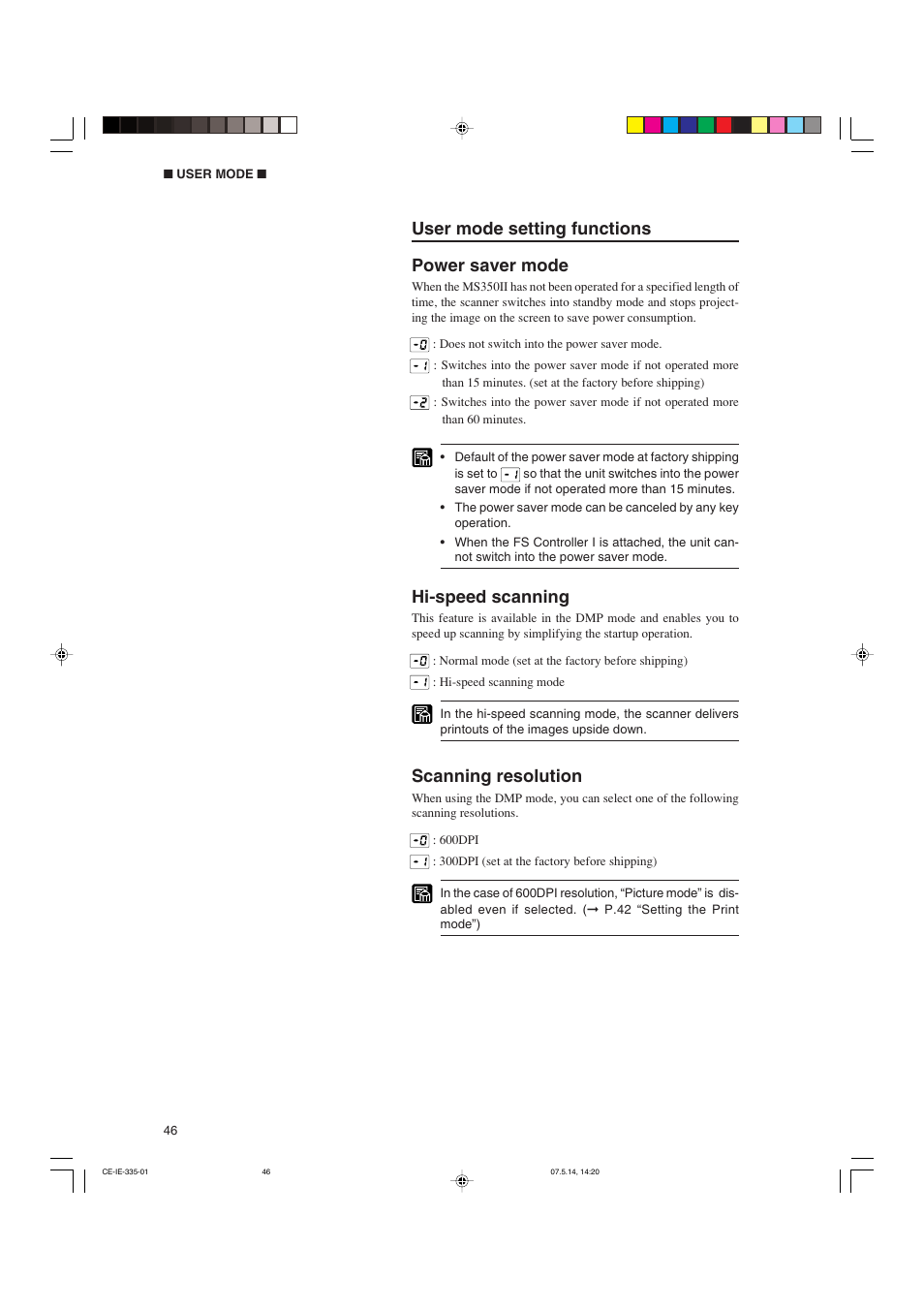 User mode setting functions power saver mode, Hi-speed scanning, Scanning resolution | Canon 350II User Manual | Page 48 / 62