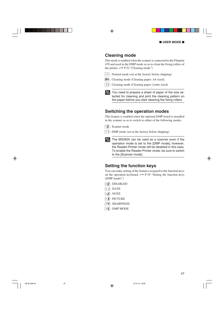 Cleaning mode, Switching the operation modes, Setting the function keys | Canon 350II User Manual | Page 49 / 62