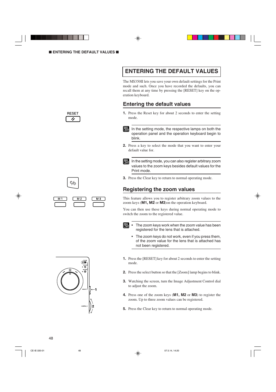 Entering the default values, Registering the zoom values | Canon 350II User Manual | Page 50 / 62