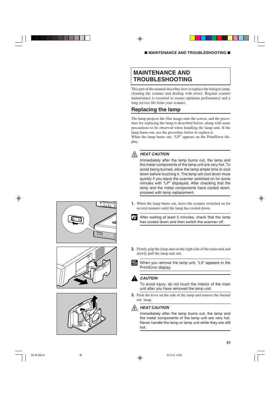 Maintenance and troubleshooting, Replacing the lamp | Canon 350II User Manual | Page 51 / 62