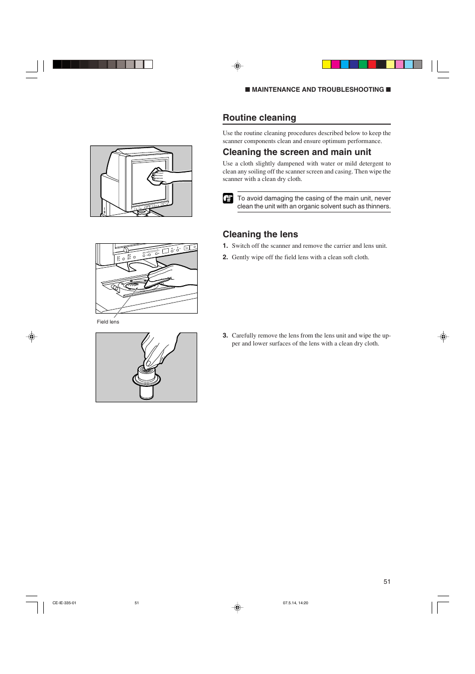 Routine cleaning, Cleaning the screen and main unit, Cleaning the lens | Canon 350II User Manual | Page 53 / 62