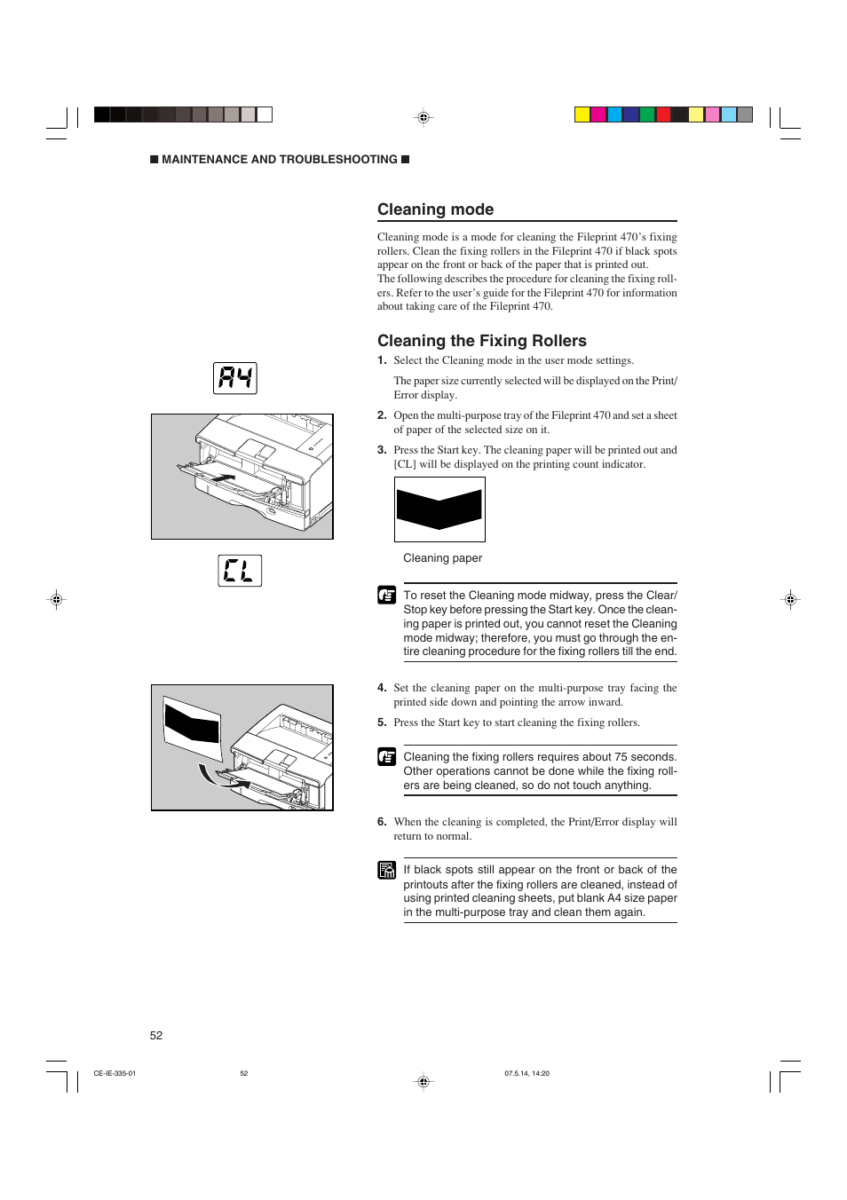 Cleaning mode, Cleaning the fixing rollers | Canon 350II User Manual | Page 54 / 62