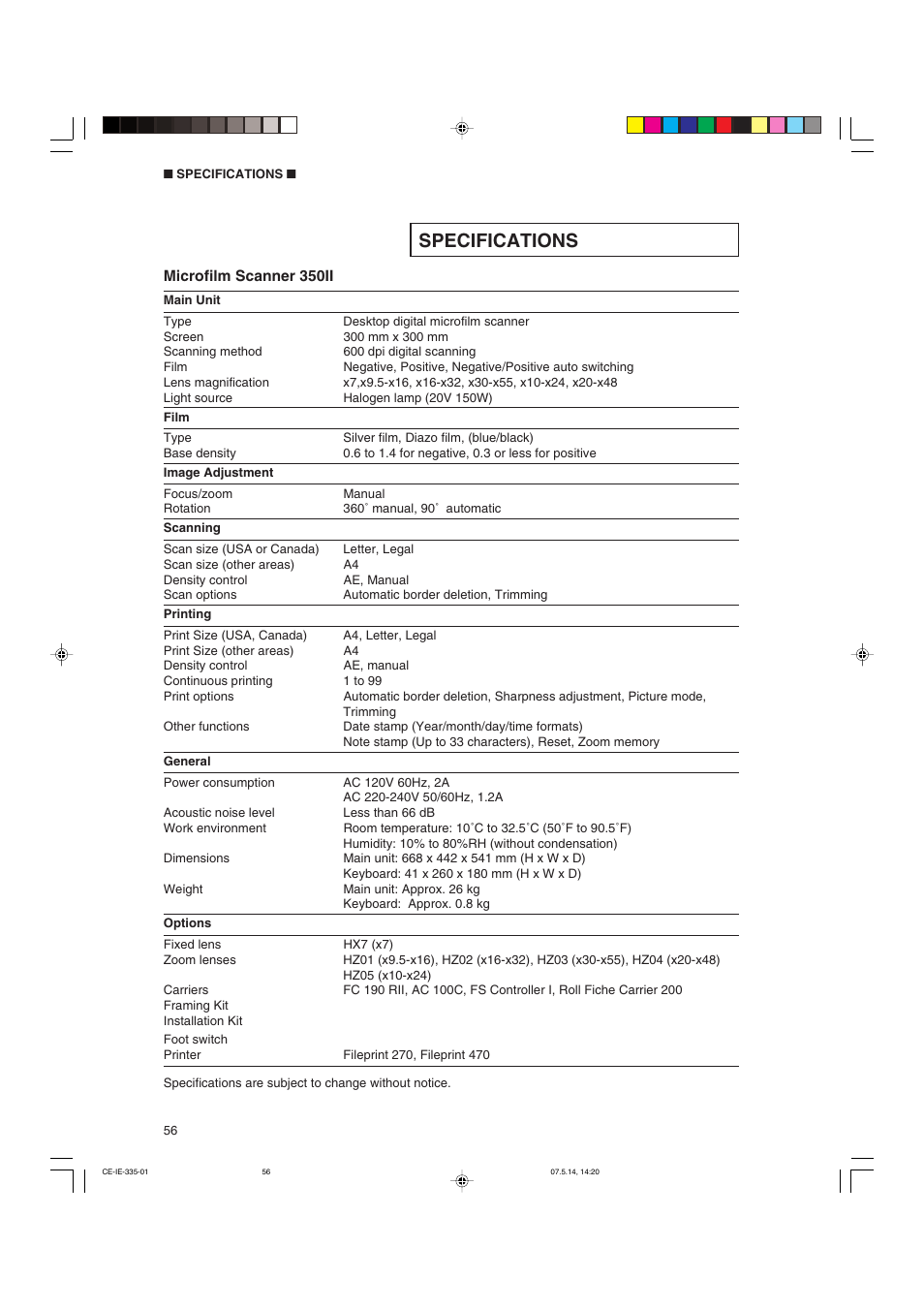 Specifications | Canon 350II User Manual | Page 58 / 62
