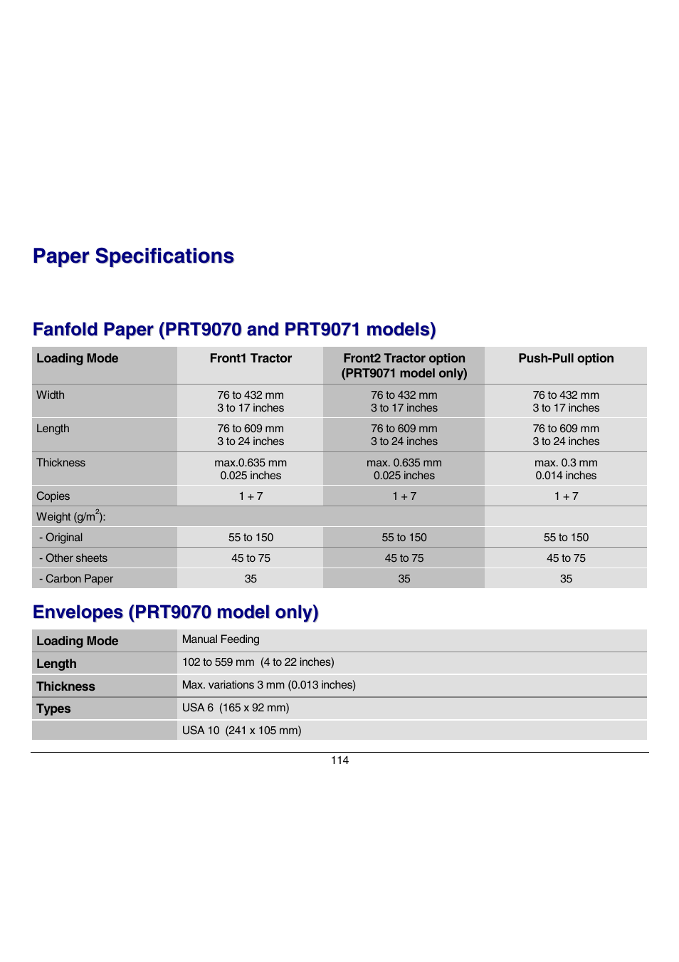 Paper specifications, Fanfold paper (prt9070 and prt9071 models), Envelopes (prt9070 model only) | Compuprint 9070 User Manual | Page 119 / 171