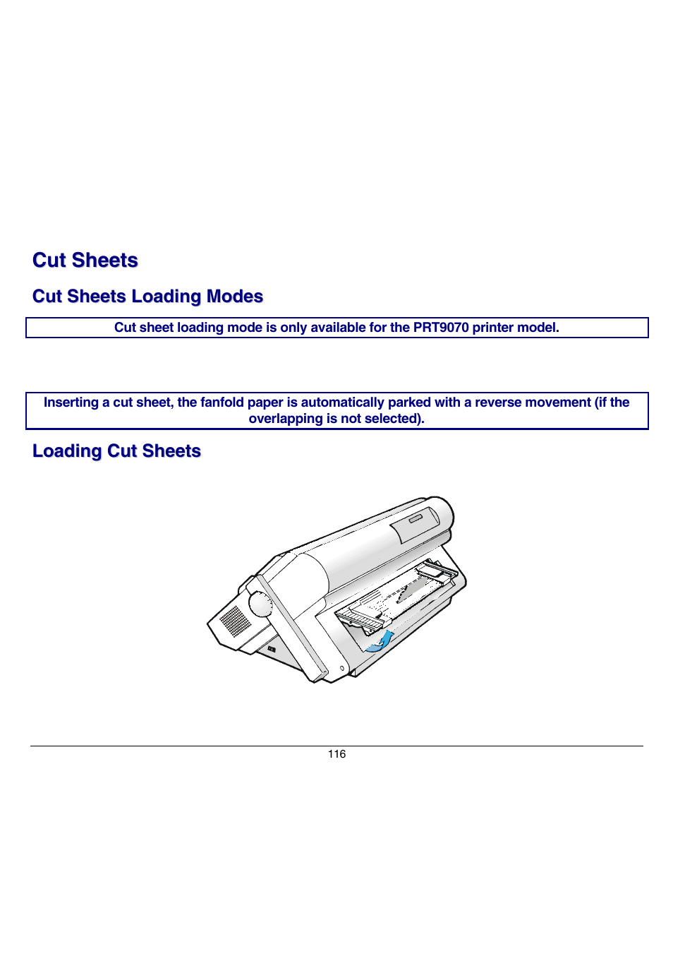 Cut sheets, Cut sheets loading modes, Loading cut sheets | Compuprint 9070 User Manual | Page 121 / 171