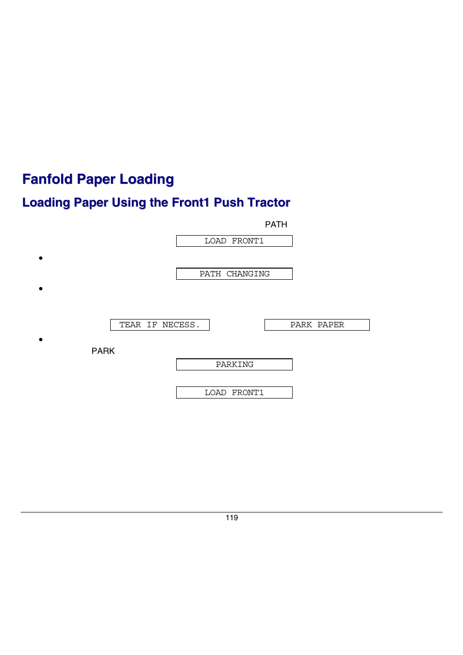 Fanfold paper loading, Loading paper using the front1 push tractor, Load | Compuprint 9070 User Manual | Page 124 / 171